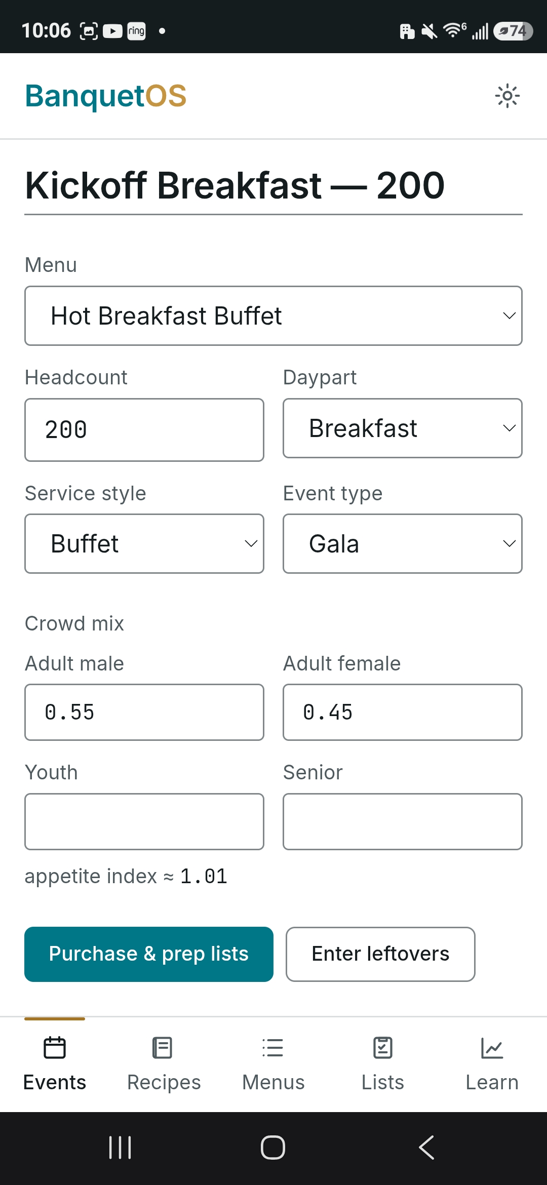 BanquetOS mobile event planning screen for a 200-guest kickoff breakfast