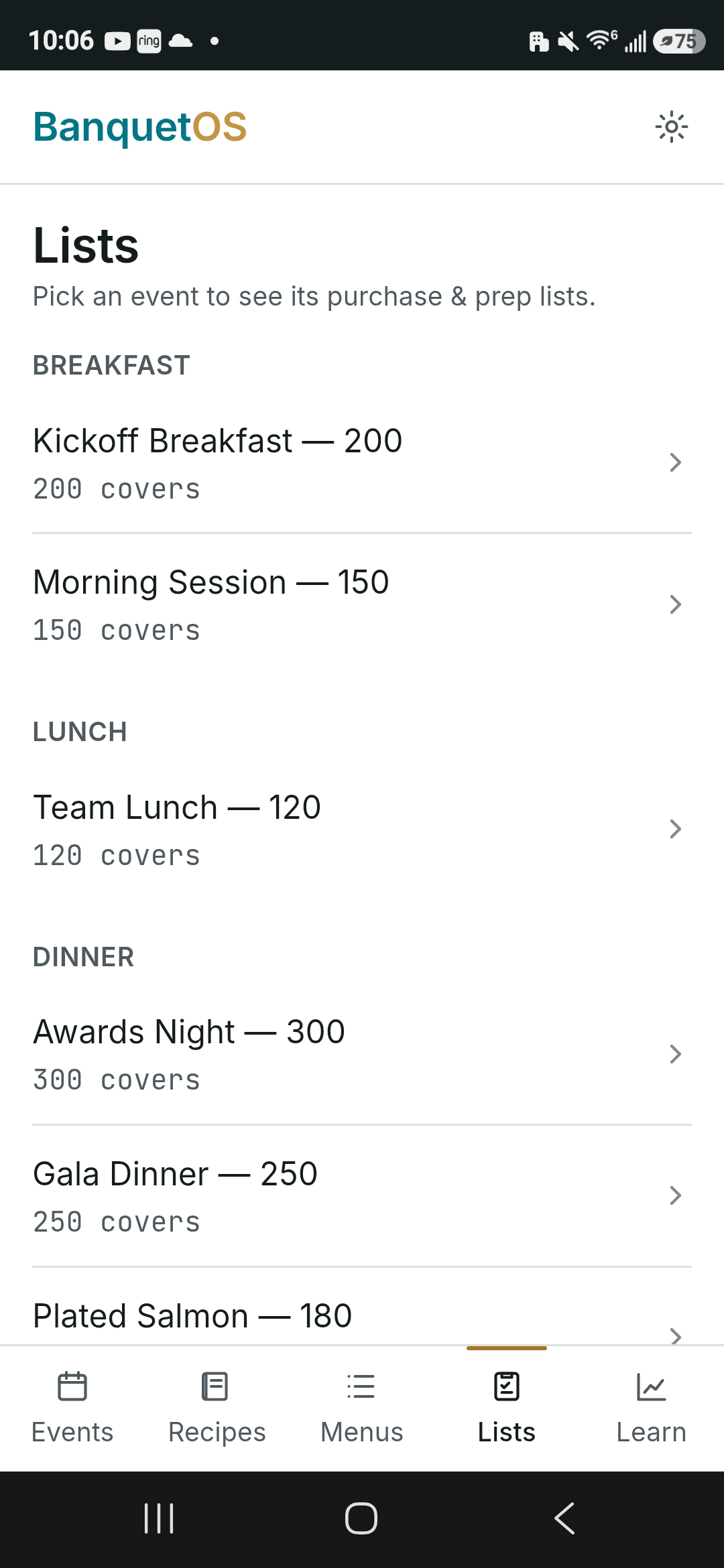 BanquetOS event list organized by breakfast, lunch, and dinner