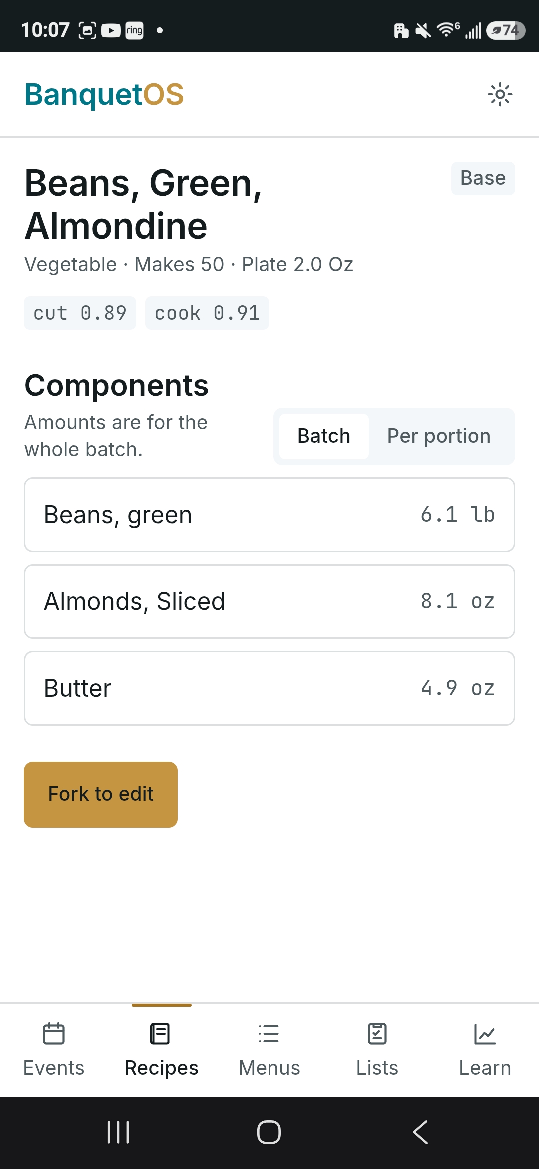 BanquetOS recipe screen showing scaled ingredients for green beans almondine